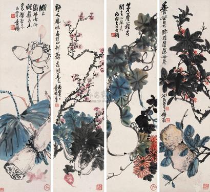 吴徵 丙戌（1946年）作 花卉 四屏