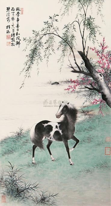 殷梓湘 柳荫骏马图 立轴