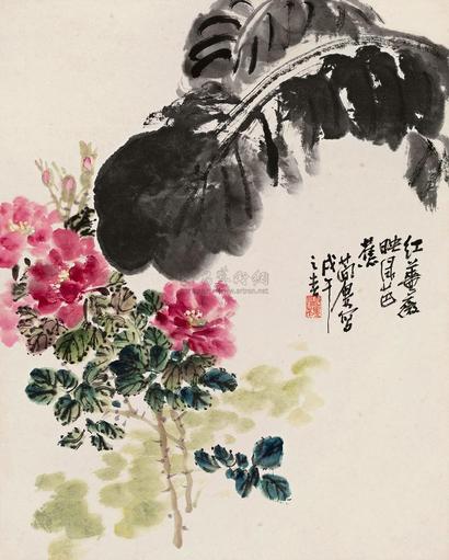 曹简楼 戊午（1978年）作 芭蕉蔷薇 立轴