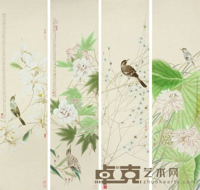 骆兆虎 花鸟四屏 131×33cm×4