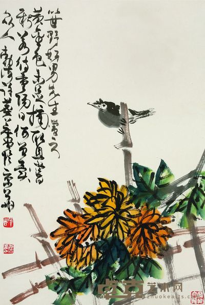 许麟庐 菊篱栖鸟 68×45cm