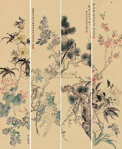 金章 1904年作 四时花卉 四屏
