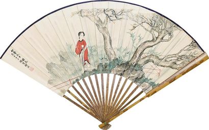 陈缘督 1929年作 《花荫仕女》 扇面