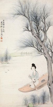 许昭 1937年作 《泛舟仕女图》 立轴