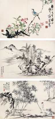 周怀民 汪溶 等 1942年作 《花鸟山水杂册》 册页 （五开选三）