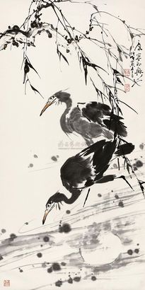 康宁 1998年作 《柳荫双鹭》 立轴