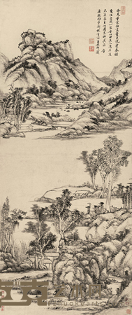 王原祁 1696年作 山水图 镜框 124×52cm
