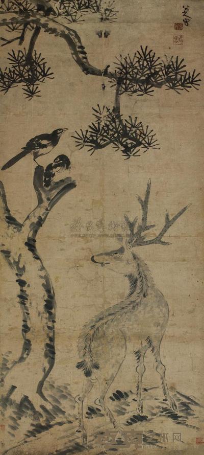 朱耷 双鹊松鹿图 镜框 165×73.5cm