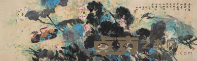 林墉 1988年作 荷花鸳鸯 镜框 96×300cm
