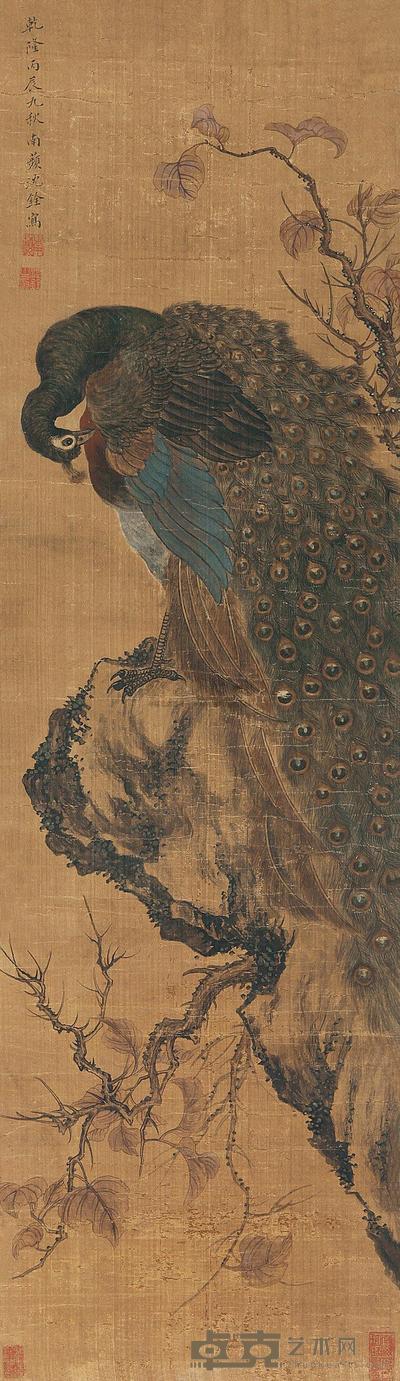 沈铨 孔雀图 立轴 108×32cm