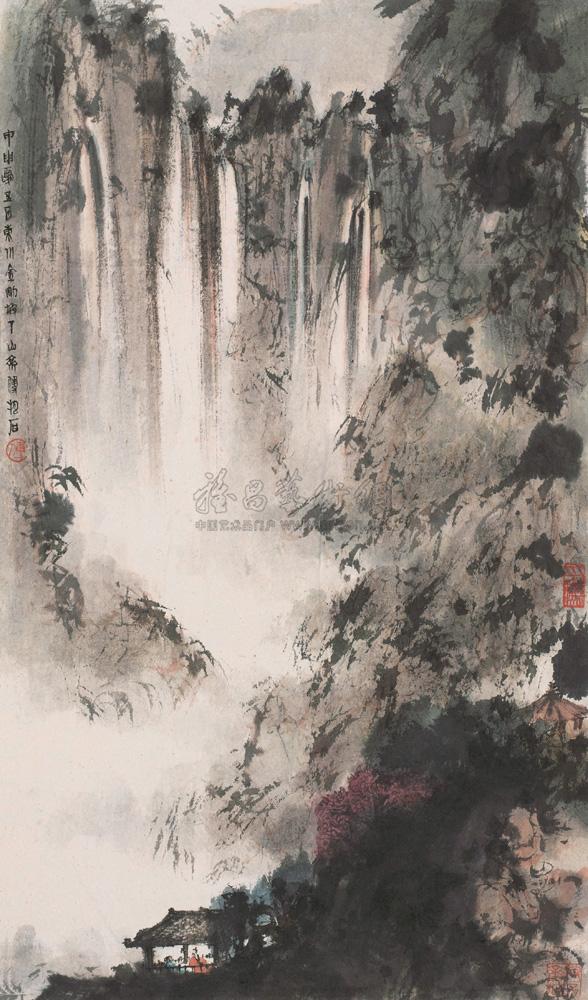 傅抱石 1944年作 林亭观瀑 镜心62.5×36.5cm