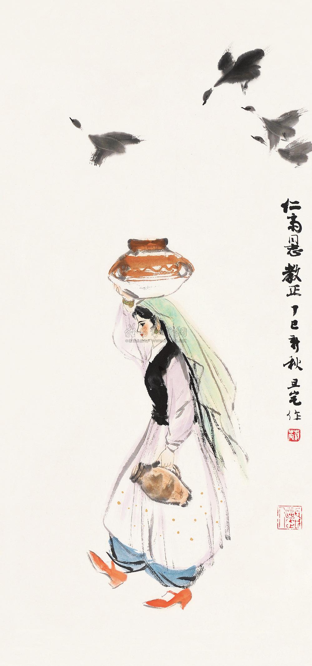 刘旦宅 丁巳（1977）年作 汲水图 镜片97×45.5cm