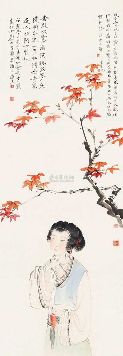 姜丹书 吴青霞 戊寅（1938）年作 红叶题诗 立轴