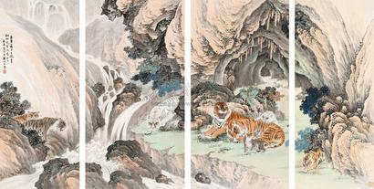 房毅 壬午（1942）年作 溪山虎啸 （四件） 通景屏轴