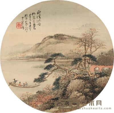吴石僊 辛丑(1901)年作 秋溪泛舟 团扇片 直径24.5cm