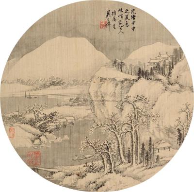 吴石僊 甲申（1884）年作 渔庄雪霁 团扇片