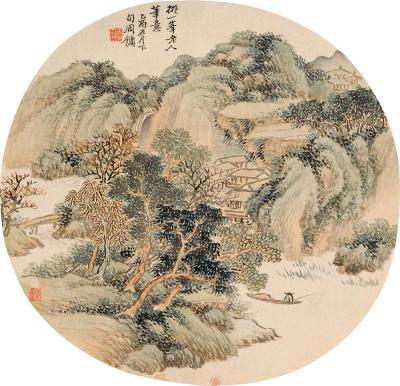 周镛 乙酉（1885）年作 溪山垂钓 团扇片
