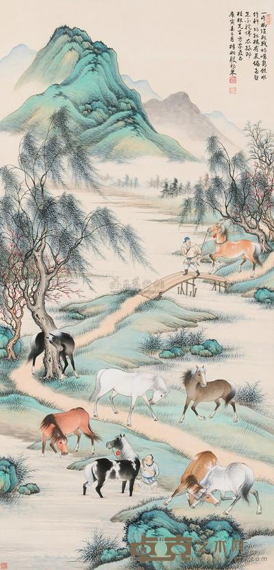 殷梓湘 庚寅（1950）年作 柳阴八骏 立轴 134×64cm