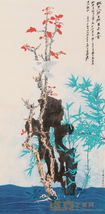 糜耕云 翠竹红叶 立轴 133×66cm
