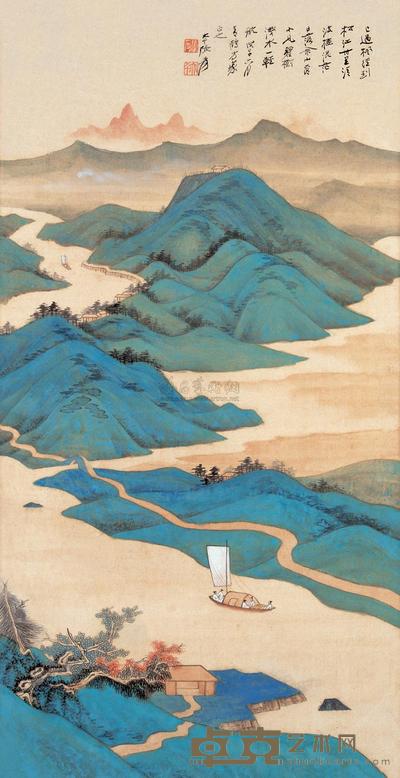张大千 戊子（1948）年作 浅水轻帆 镜片 66.5×34cm