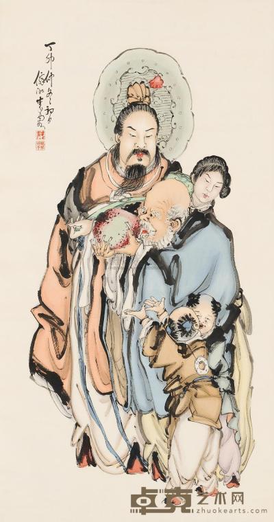 李霞 丁卯（1927）年作 福寿图 立轴 177×93cm