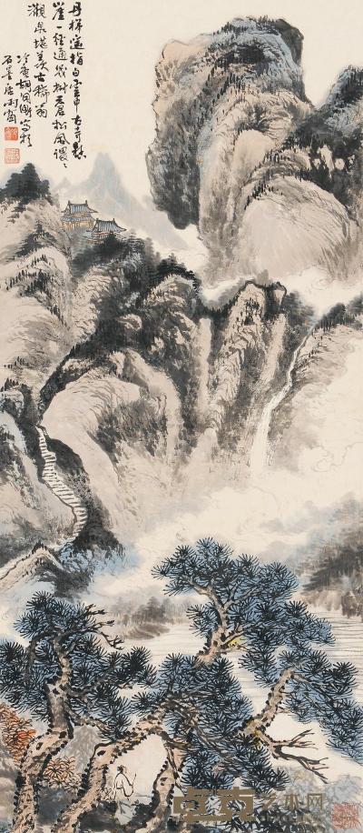 胡佩衡 松林古寺 立轴 97.5×42cm