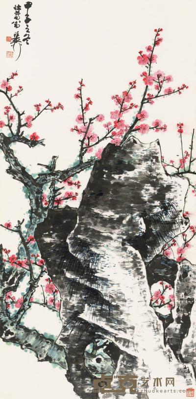 谢稚柳 甲子（1984）年作 红梅迎春 立轴 134.5×66.2cm