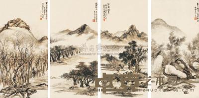 吴湖帆 己未（1919）年作 仿古山水 （四件） 镜框 64×31cm×4