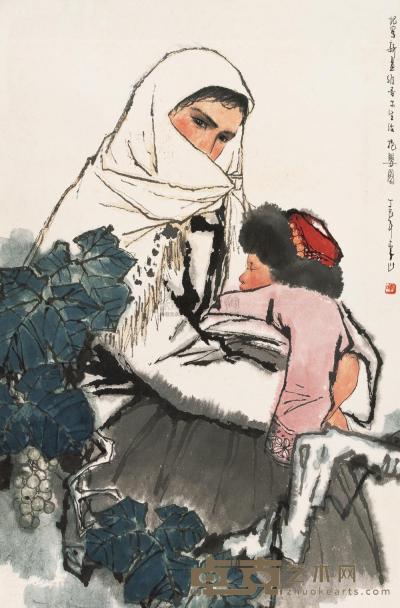 李山 丁巳（1977）年作 抱婴图 立轴 65×42.5cm