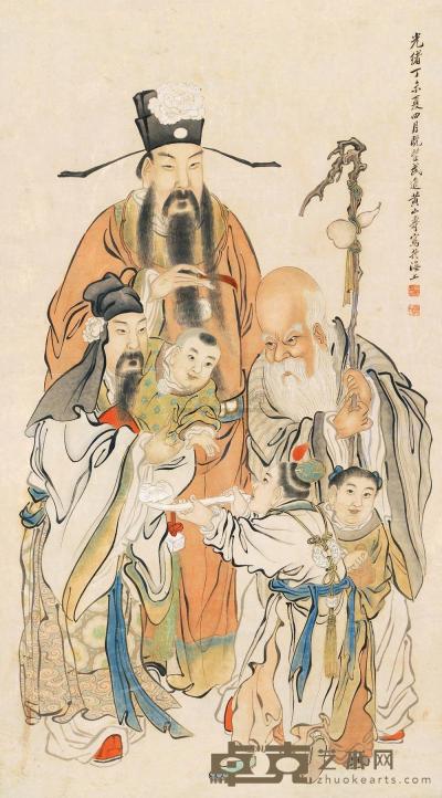 黄山寿 丁未（1907）年作 贺寿图 镜框 147×80cm