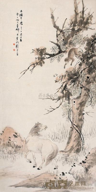 倪田 甲辰（1904）年作 马上封侯 立轴 156×80cm