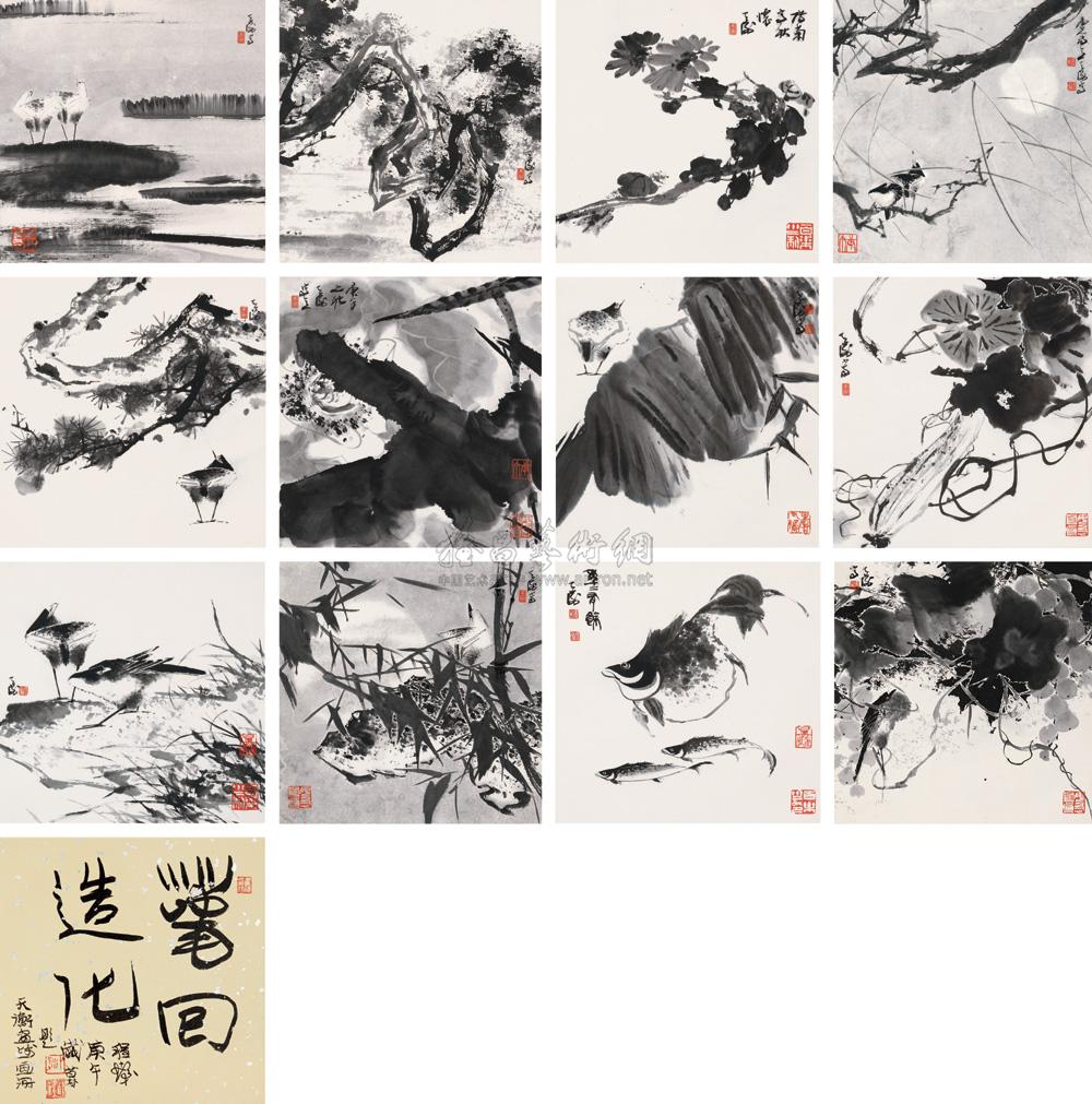 韩天衡 庚午（1990）年作 水墨花鸟册 册页 （十二开）34.5×34.5cm×12