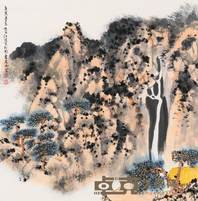 江宏 庚寅（2010）年作 松林观瀑 镜片 70×69cm