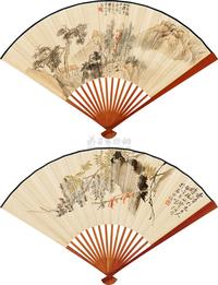 任伯年 陆恢 甲辰（1904）年作 紫藤八哥 秋山读书 成扇