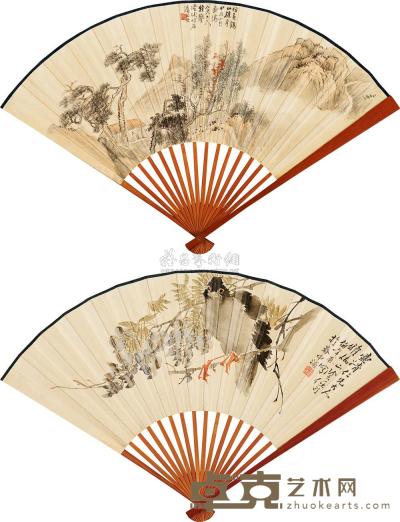 任伯年 陆恢 甲辰（1904）年作 紫藤八哥 秋山读书 成扇 18×49cm