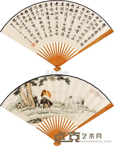 马晋 张志潭 己巳（1929）年作 三骏图 行书 成扇 18×50cm