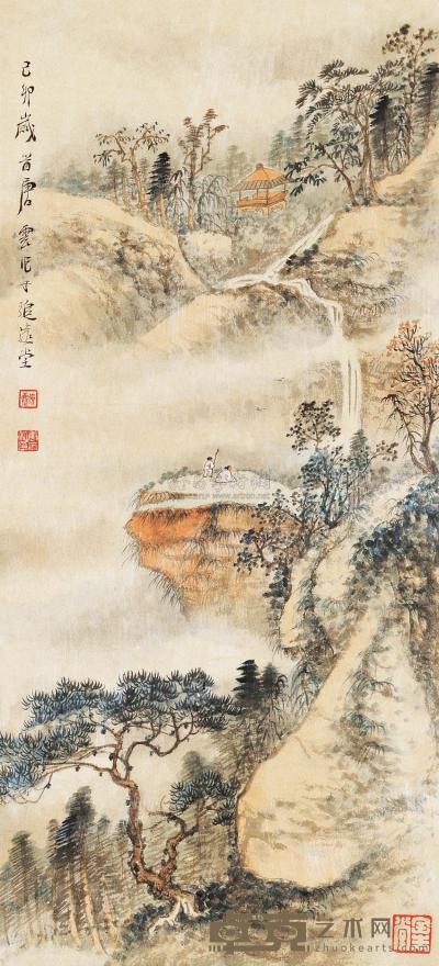 唐云 己卯（1939）年作 秋山观瀑 镜框 61×28cm
