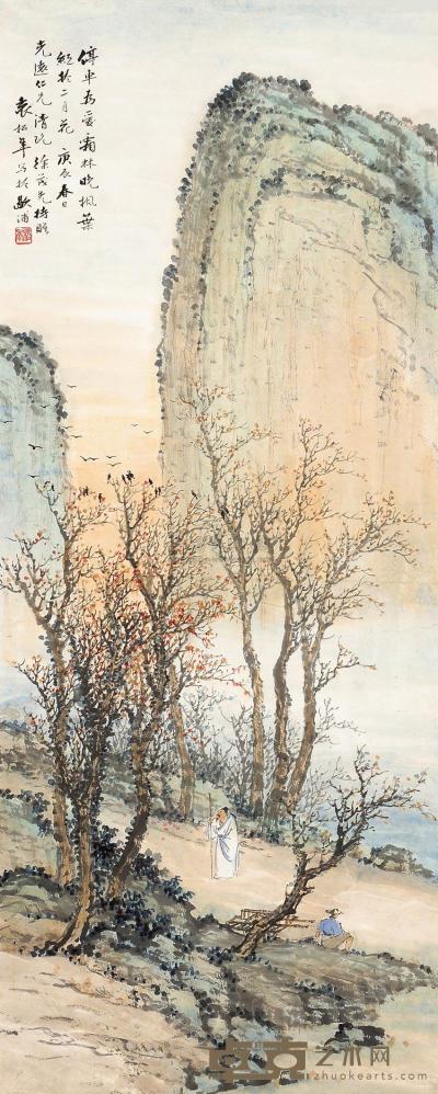 袁松年 庚辰（1940）年作 霜林晚照 屏轴 76×30cm