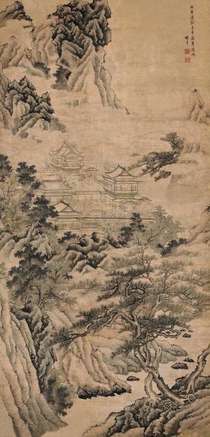 陈卓 丙寅（1686）年作 松林云阁 立轴