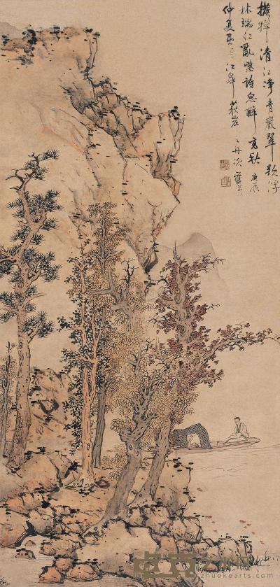 蓝瑛 庚辰（1640）年作 拨棹清江 立轴 155×73cm