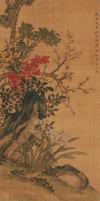 张枝 戊申（1788）年作 群卉争艳 立轴