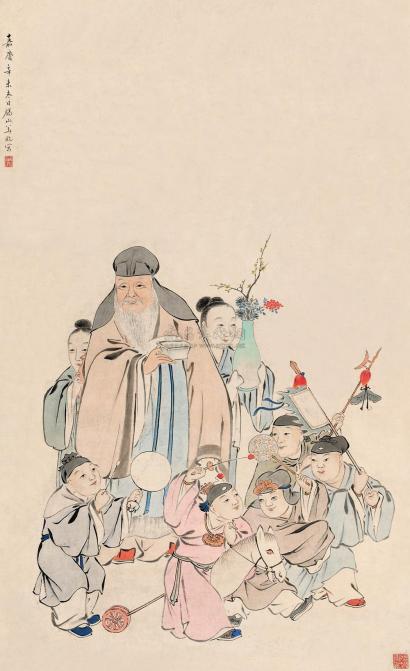 华冠 辛未（1811）年作 兆寿婴戏 立轴