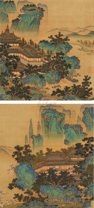 佚名 春山楼阁 （两件） 镜片 22×20cm×2