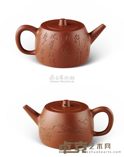 近现代 唐云画沈觉初刻 范早大制紫砂壶 高8.5cm