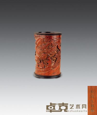 清 竹雕泛舟图笔筒 高12.5cm