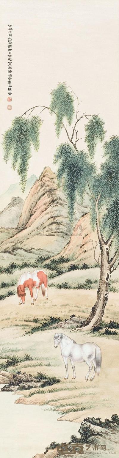 马晋 1937年作 双骏图 立轴 162×42cm