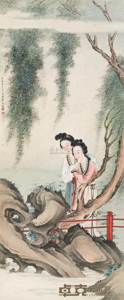 刘凌沧 1934年作 双美图 立轴 89×37cm