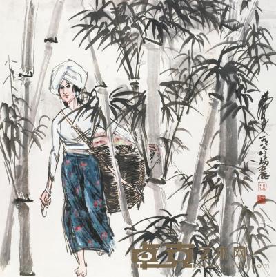 黄胄 1987年作 竹林少女 立轴 68×69cm