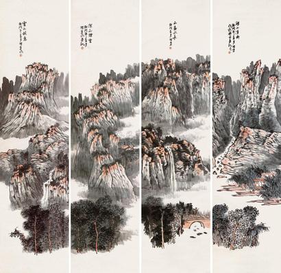 郭明堂 山水 四屏