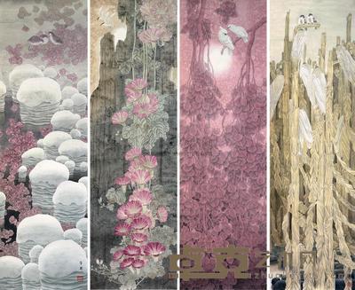 郑生意 花鸟 四屏 130×38cm×4